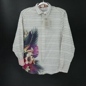 Tommy Bahama Shirt Mens Medium White Gray Stripe IslandZone Linen Blend Vacation